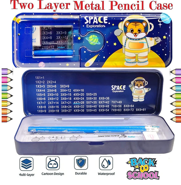 Space Exploration Theme Metal Pencil Box Case with Pencil, Eraser, Sharpener Stationery Set – Double Layer Pencil Case Stationary Organizer for Kids – Birthday Return Gift for Kids