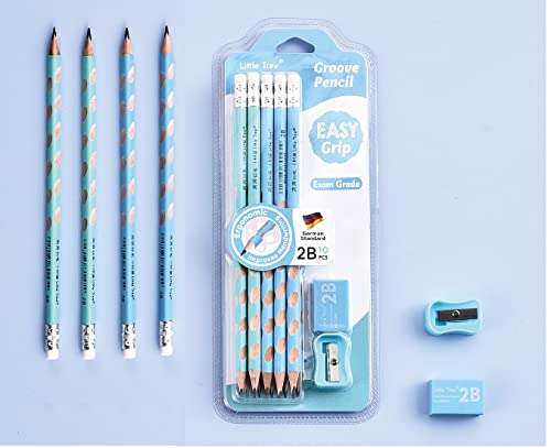 Little Tree Wooden Groove Rubber Tripped Pencil Set With Eraser And Sharpener | Groove Slim Triangle Pencil | Stationery HB Pencil Set (Pack Of 10)