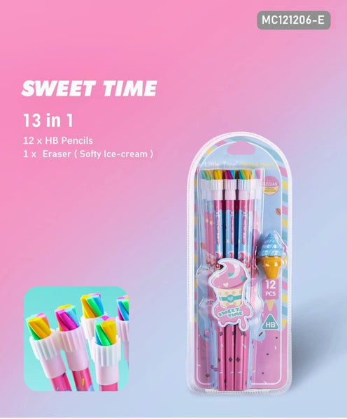 Little Tree Sweet Time Wooden Graphite Rubber Tipped Pencil Set With Cone Eraser | Stationery HB Pencil Set (Pack of 12)