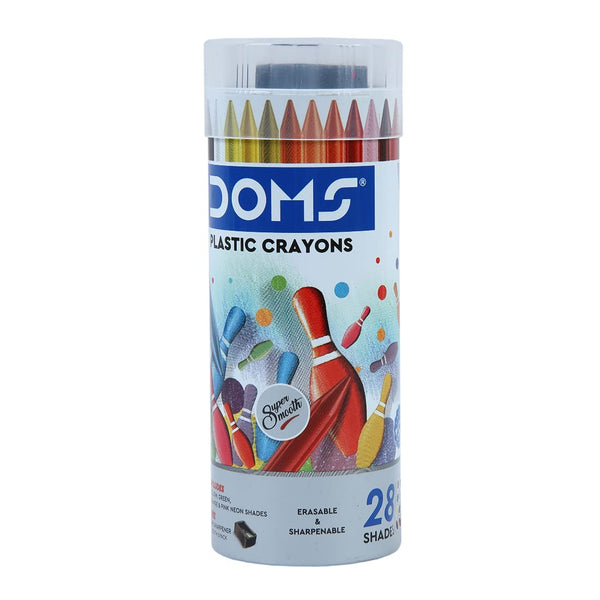 DOMS Plastic Crayon – 28 Vibrant Shades come in Round tin with FREE Sharpener