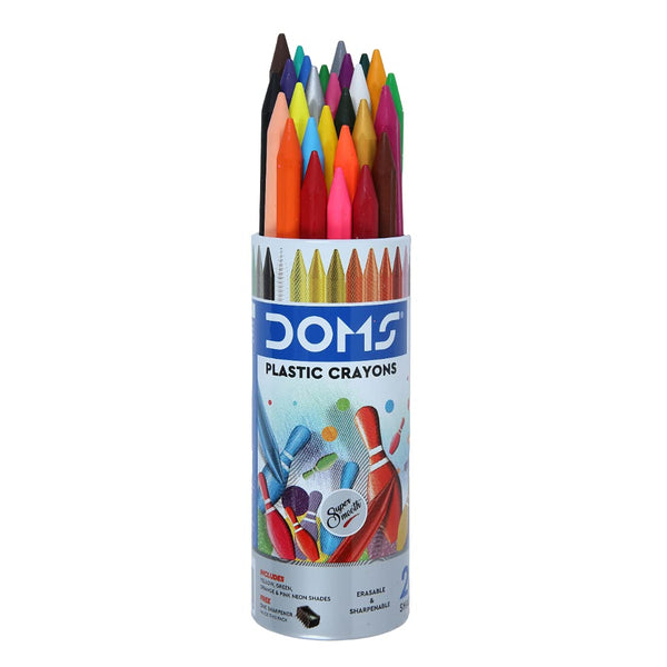 DOMS Plastic Crayon – 28 Vibrant Shades come in Round tin with FREE Sharpener