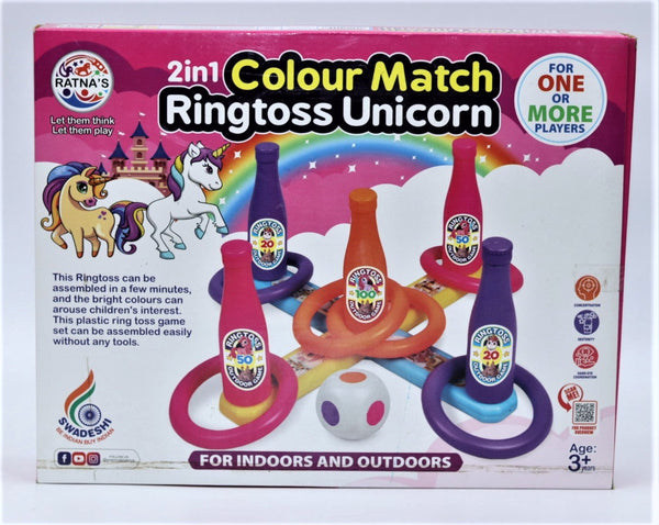2 in 1 Color Match Ring toss Unicorn Print Target Game Set - Indoor & Outdoor Game for Kids